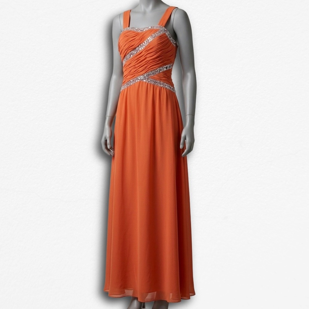 Nox Anabel Orange Chiffon Sequin Beaded Ruched Formal Prom Gown Dress XS